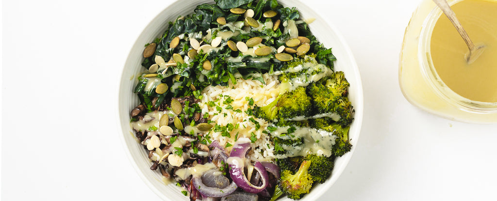 Vegetarian Grain Bowl with Kale and Roasted Vegetables