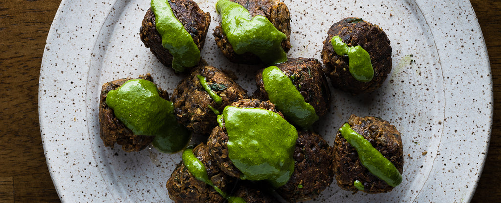 Lentil Meatballs with Pumpkin Seed Butter Spinach Pesto