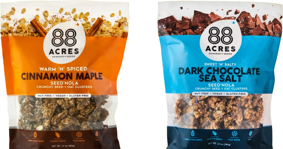 Cinnamon Maple and Dark Chocolate Sea Salt Seed'nola bags side by side