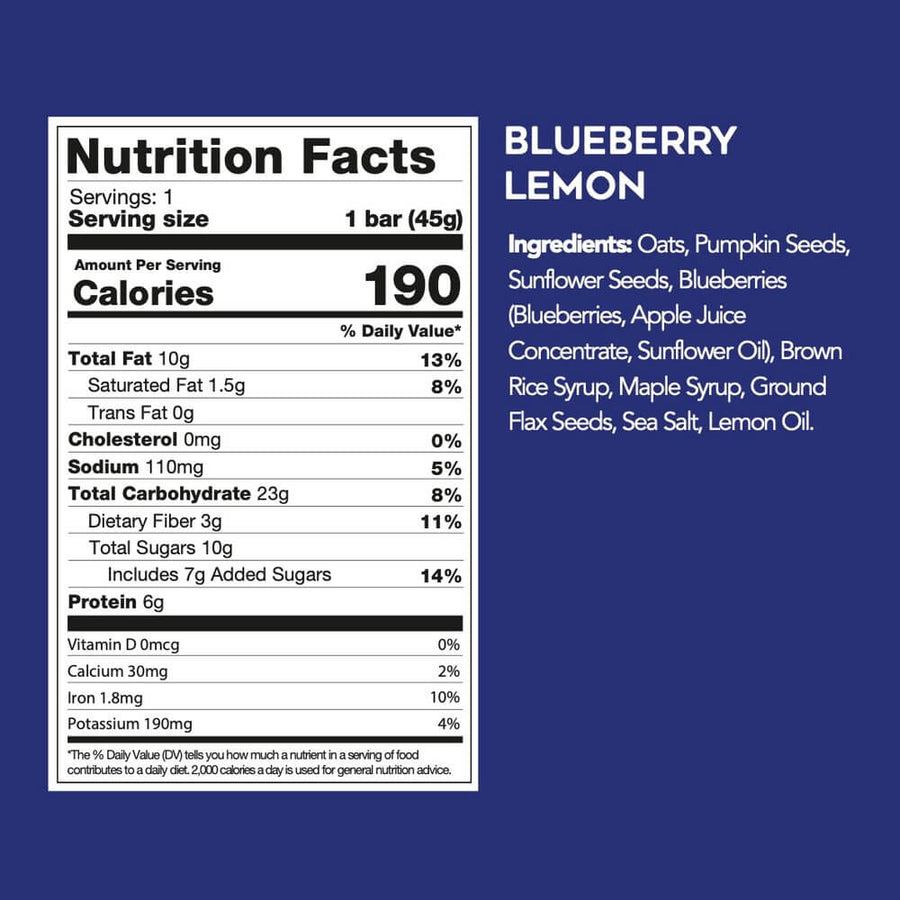 Nutrition facts for Blueberry Lemon Seed + Oat Bars (9 Bars)