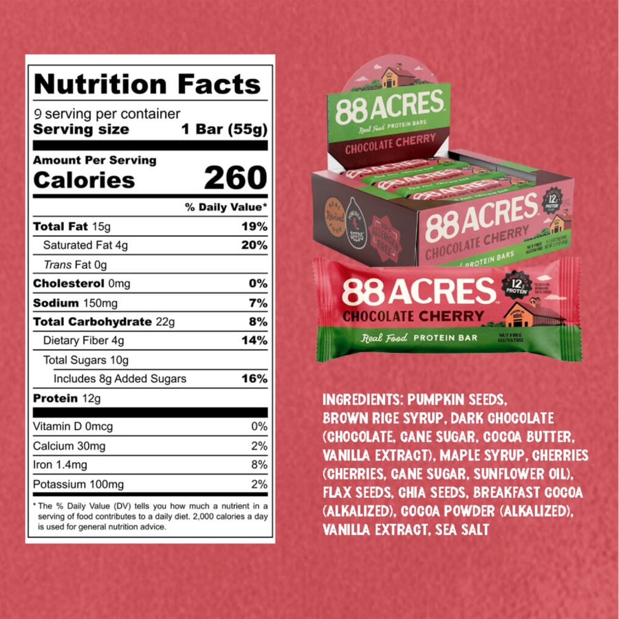 Nutrition facts for Chocolate Cherry Protein Bar (9 Bars)