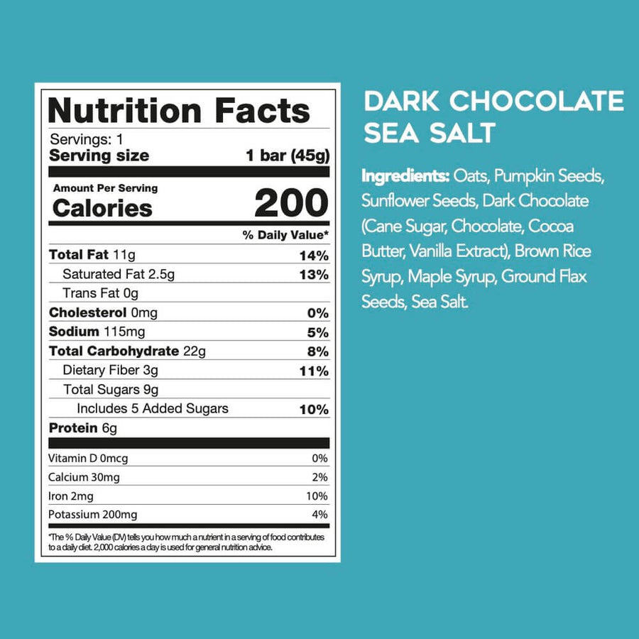 Nutrition facts for Dark Chocolate Sea Salt Seed + Oat Bars (9 Bars)