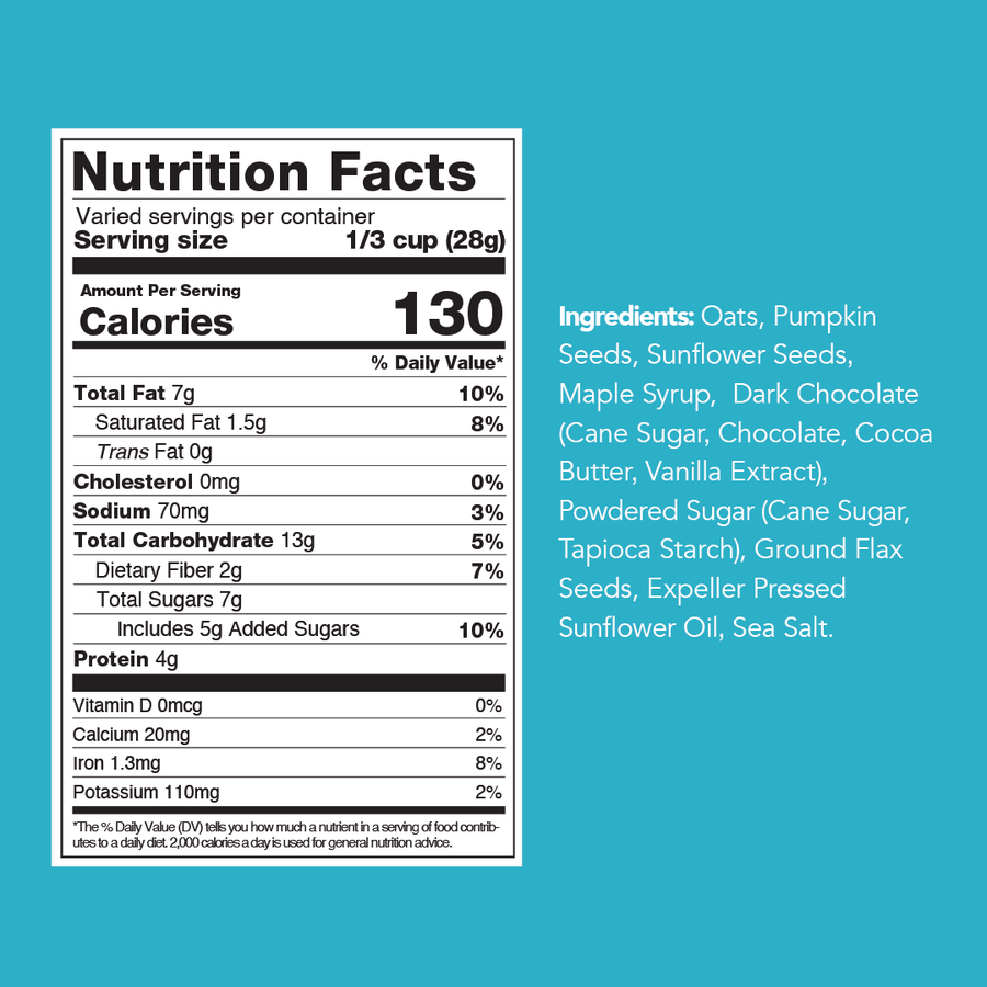 Nutrition facts for Dark Chocolate Sea Salt Seed'nola (10 oz Bag)
