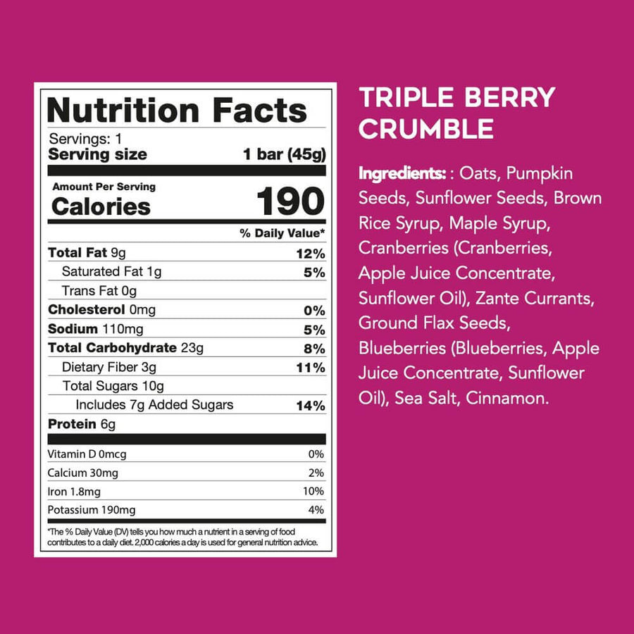 Nutrition facts for Triple Berry Crumble Seed + Oat Bars (9 Bars)