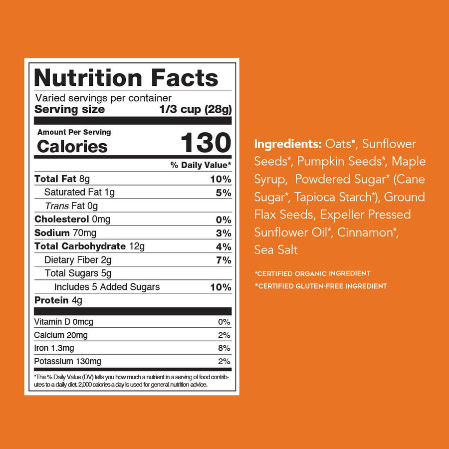 Nutrition facts for Cinnamon Maple Seed'nola (10 oz Bag)